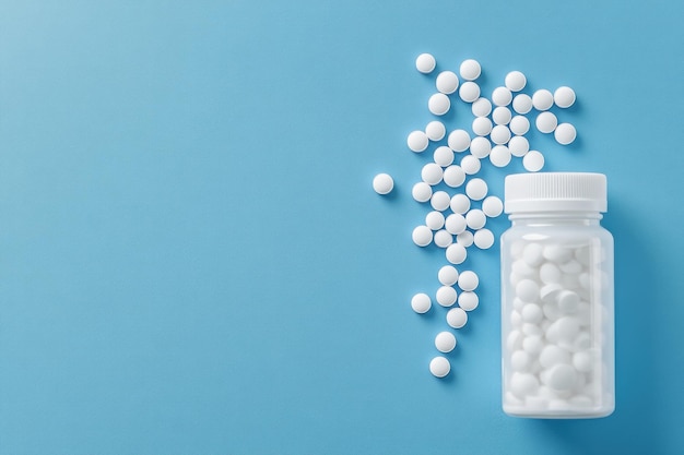 White pills spilling out of a bottle on a blue background