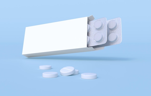 White pills in two blister packs in cardbox packaging Mockup template 3d rendering