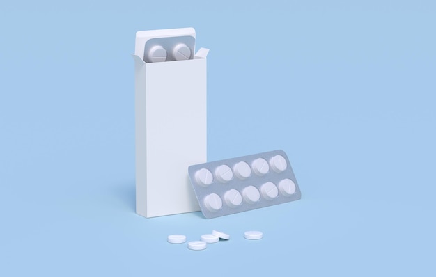 White pills in two blister packs in cardbox packaging Mockup template 3d rendering