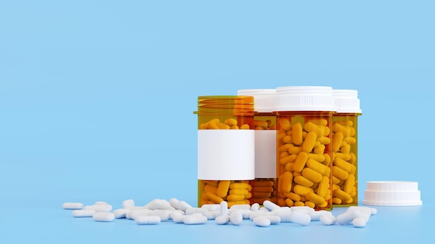 White pills and yellow pills bottle Medicine bottles with drugs medical concept 3D rendering