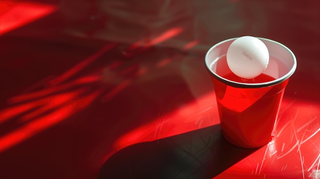 A white ping pong ball perfectly aimed into a red solo cup capturing essence of party games and fun