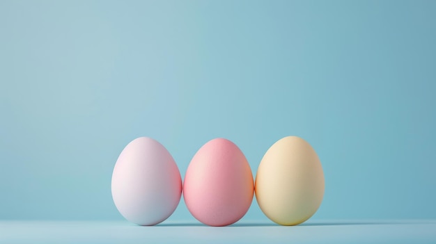 White pink blue and yellow Easter eggs on isolated pastel blue background with copy space