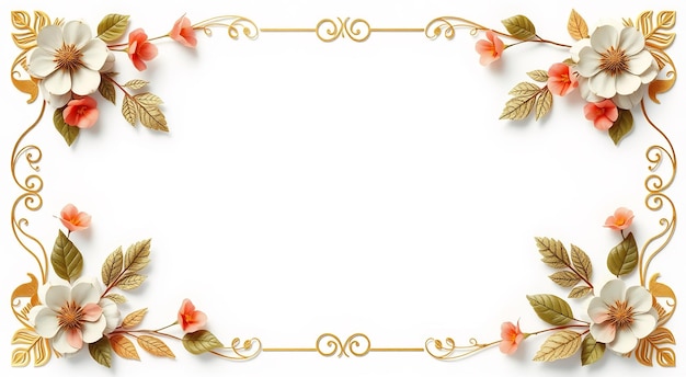 White and pink flowers and gold leaves frame on white background