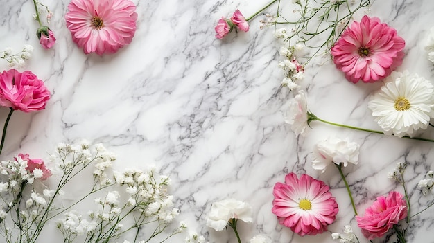 Photo white and pink flowers on marble background delicate floral arrangement on marble surface