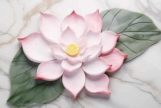 a white and pink lotus flower with leaf on a marble surface in the style of drugcore