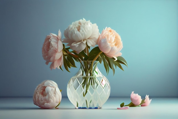 White pink peonies in a glass vasegenerative ai