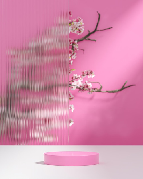 White and pink podium stand on cherry blossom flower background for product placement 3d render