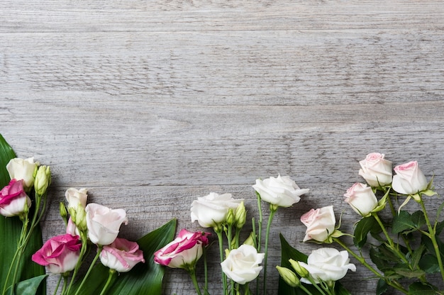 White and pink roses on light wooden background with copy space.