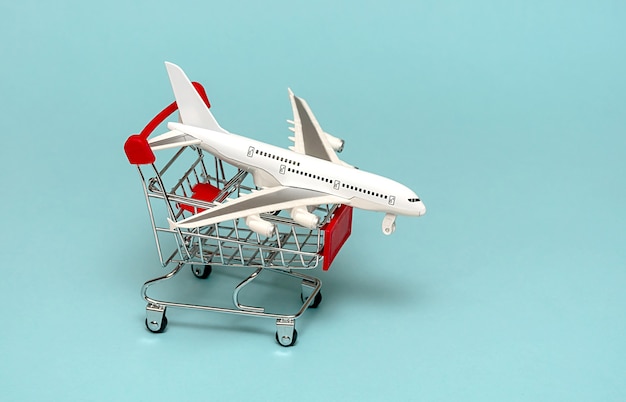 White plane on a basket. The concept of traveling and buying plane tickets. On a blue background.