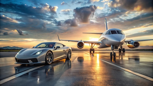 a white plane is parked on the runway with a car and a plane in the background