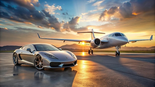 Photo a white plane and a silver car are parked on a runway with the sun behind it