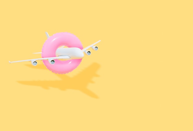 white plane with a pink float on a yellow background travel and summer illustration 3d copy space