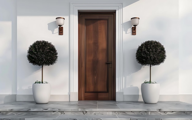 a white planter with a potted tree in front of a door