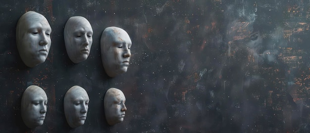 White Plaster Cast Faces Mounted On A Dark Grey Wall