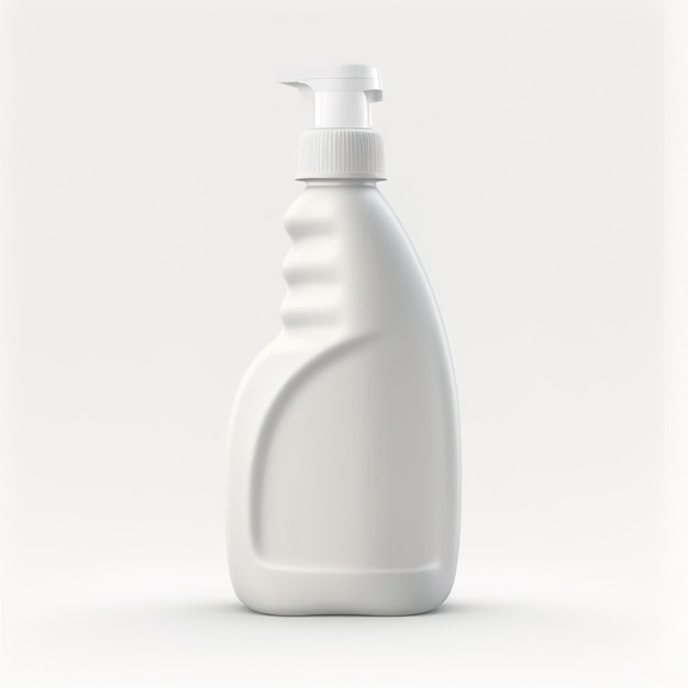 White plastic bottle with cleaning solution on white background