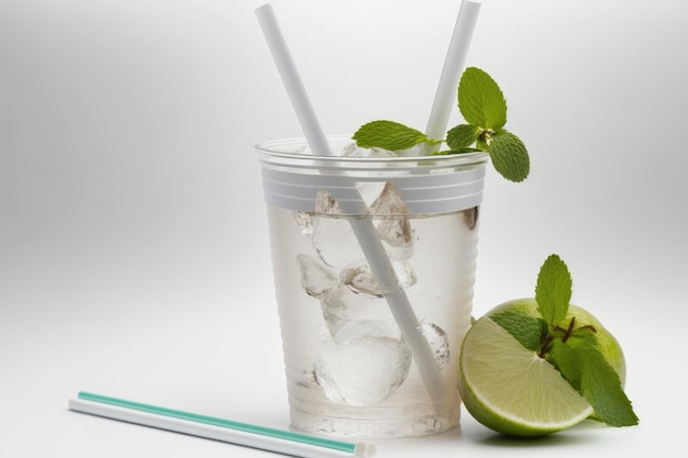 A white plastic glass with a white straw and a white tube on a white background a Mojito cocktail