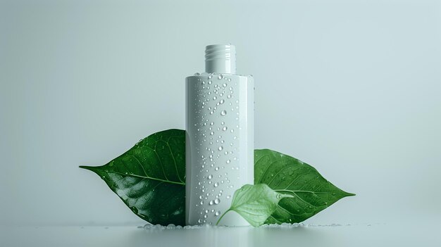 A white plastic matte cosmetic bottle with a few drops of dew on it is surrounded by green leaves