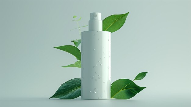 A white plastic matte cosmetic bottle with a few drops of dew on it is surrounded by green leaves