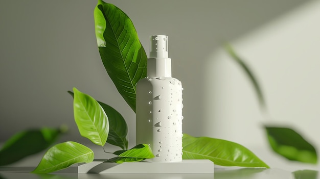 A white plastic matte cosmetic bottle with a few drops of dew on it is surrounded by green leaves