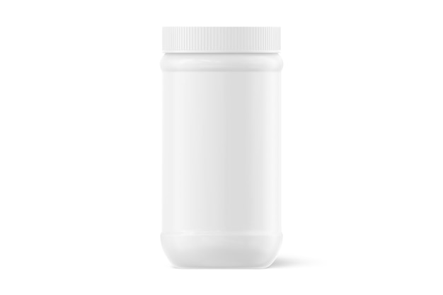 A white plastic medicine bottle with a white label.