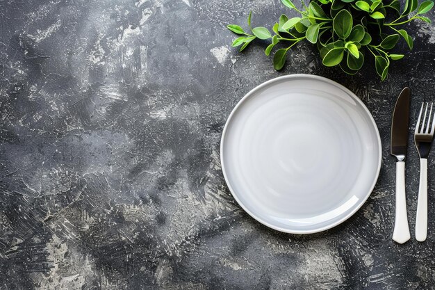 Photo white plate and cutlery on stone table table setting flat lay image