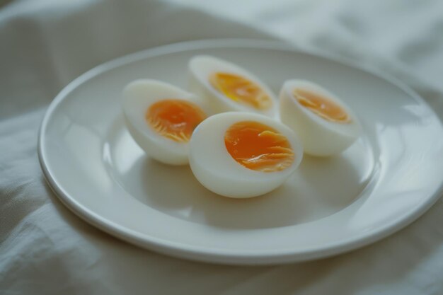 Photo a white plate featuring perfectly cooked softboiled eggs sliced in half to reveal their soft yolks