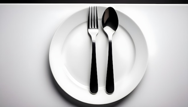 white plate and fork and spoon on black background