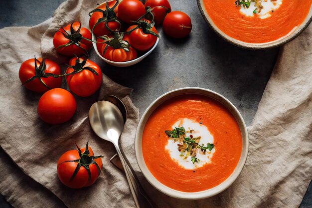 White plate full of mouthwatering gazpacho decorated with sour cream and herbs