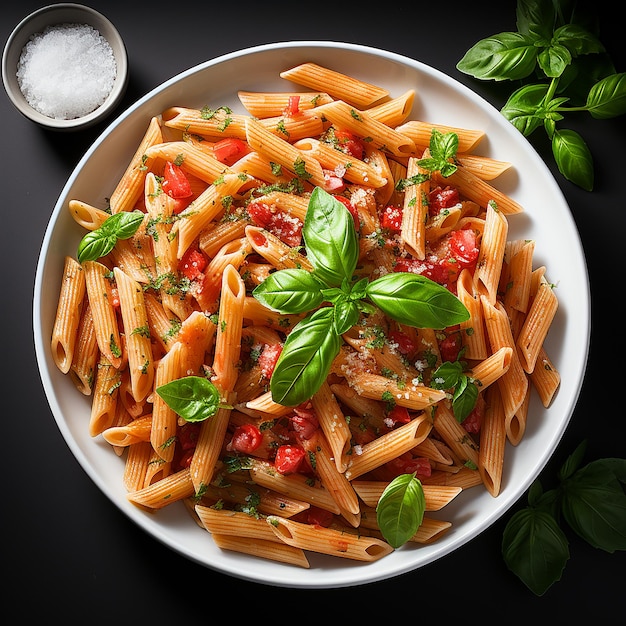 white_plate_of_Penne_pasta_with_tomato_sauce_on_white_ba