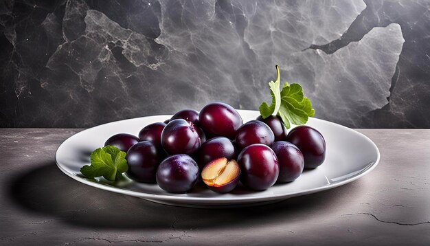 White plate of pickled plums and cabbage on stone table