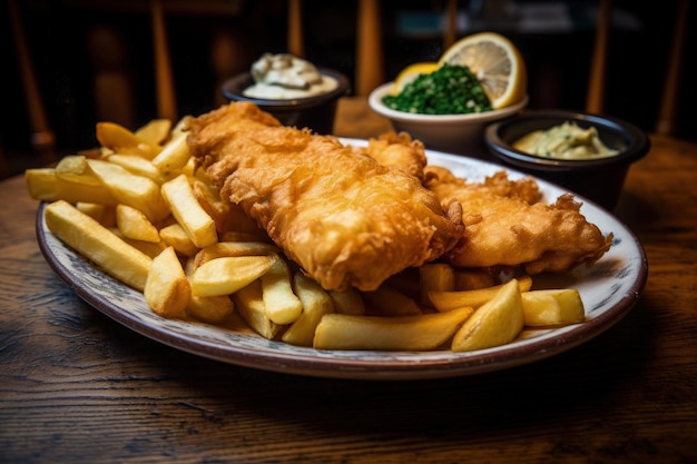 A white plate topped with fish and fries generative AI