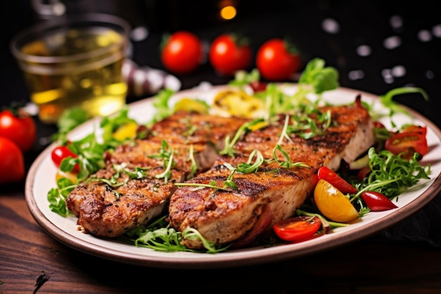 A white plate topped with meat and vegetables Ai photo