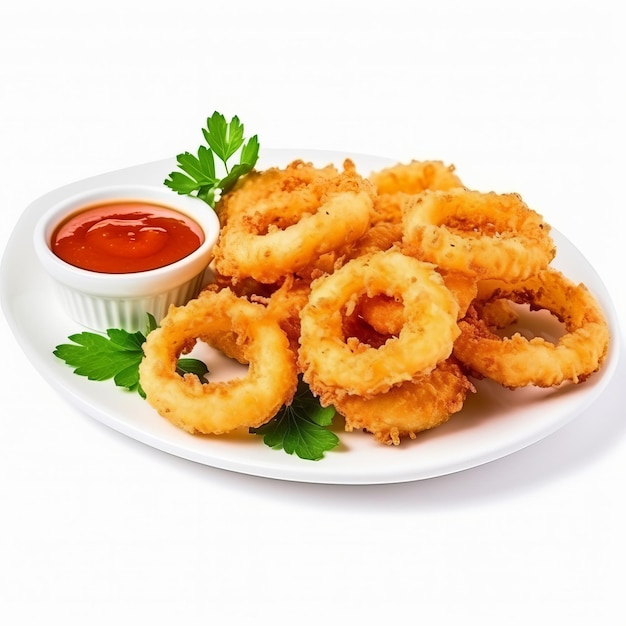 A white plate topped with onion rings and ketchup