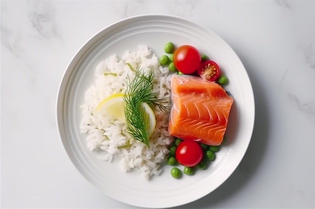 A white plate topped with rice and salmon generative ai image