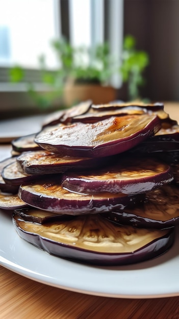 A white plate topped with sliced up eggplant generative AI