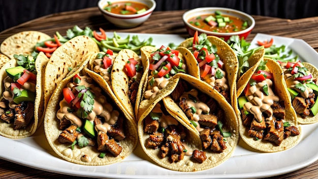 A White Plate Topped With Tacos Filled With Meat And Veggies