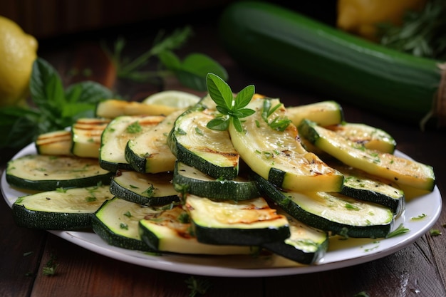 A white plate topped with zucchini slices on top of a wooden table generative AI