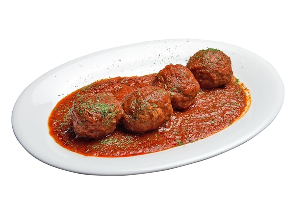 White plate with Beef meats balls and tomato sausage