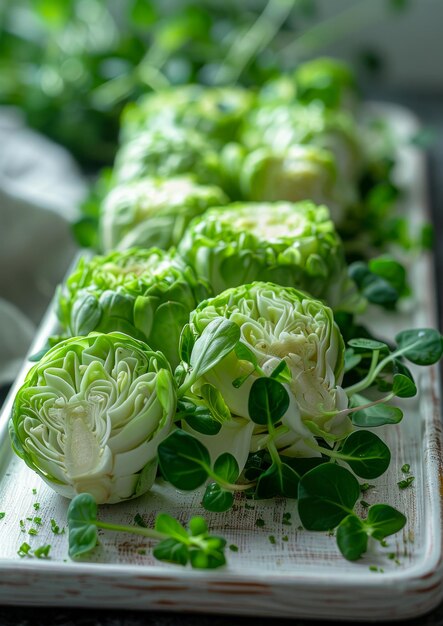 Photo a white plate with a bunch of green vegetables on it the vegetables are cut in half and arranged in a row