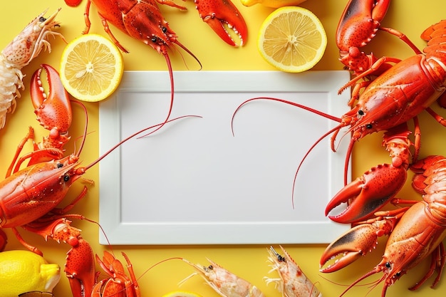 Photo a white plate with a few red and yellow items on it including a few lobsters