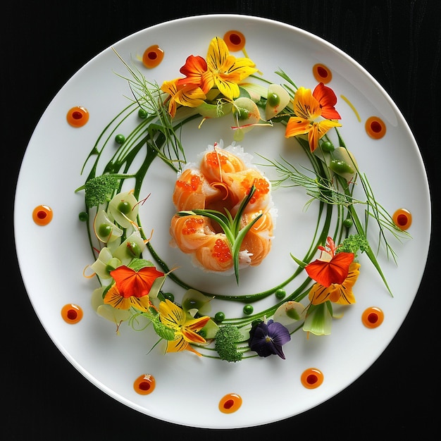 a white plate with flowers and orange flowers on it