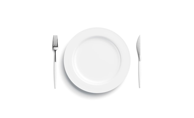 White plate with fork and knife. Dish with cutlery design. Restaurant table ware template.