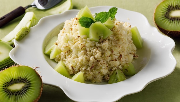 A white plate with a green garnish on top