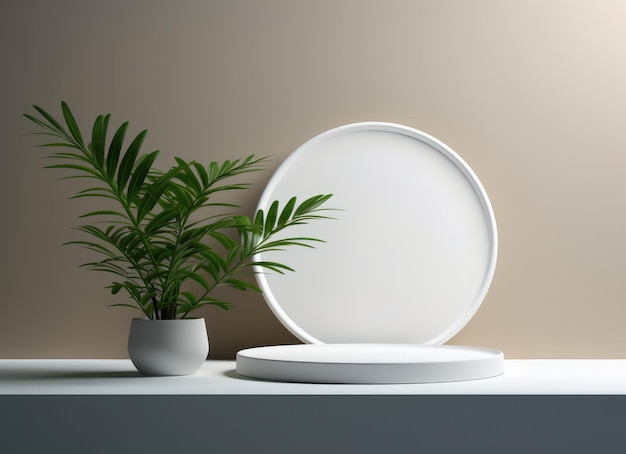 A white plate with a green plant in a pot next to it.