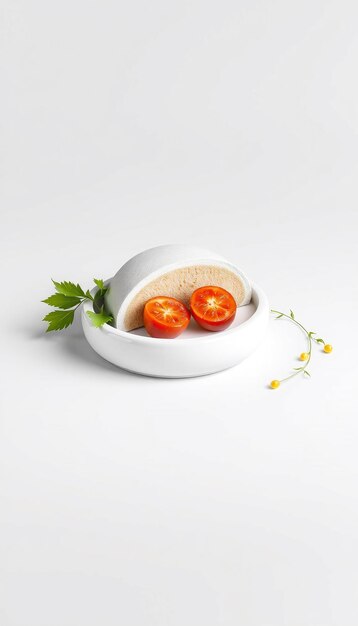 Photo white plate with half a coconut two halved tomatoes a green leaf and a vine