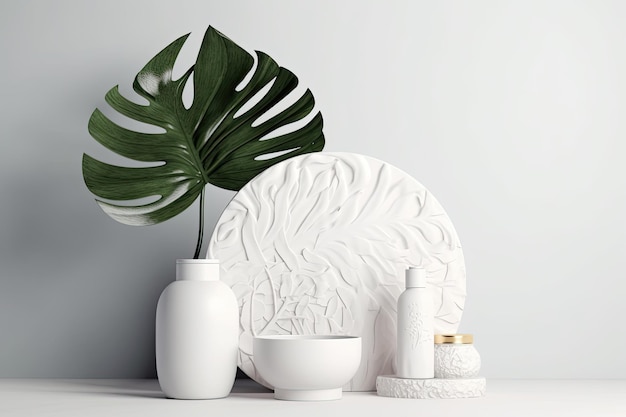 A white plate with a leaf on it and a bowl on the table.