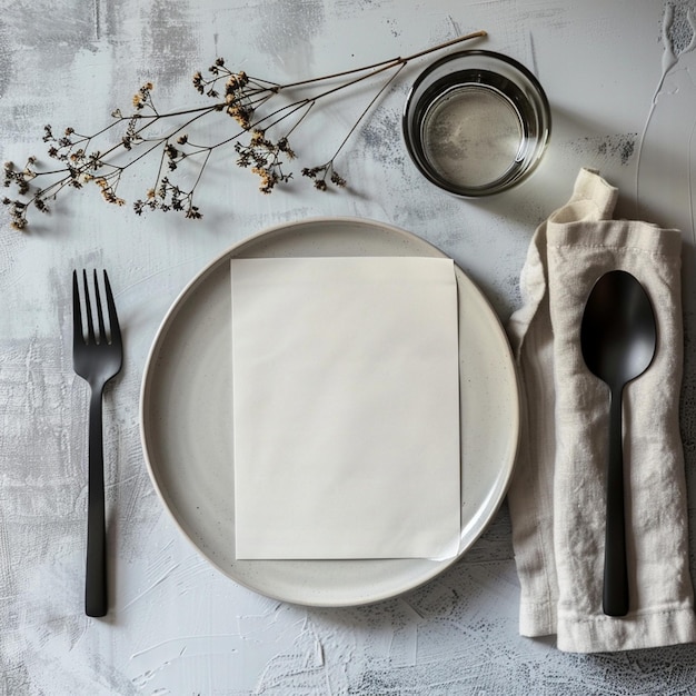 Photo a white plate with a napkin and fork next to a knife and fork