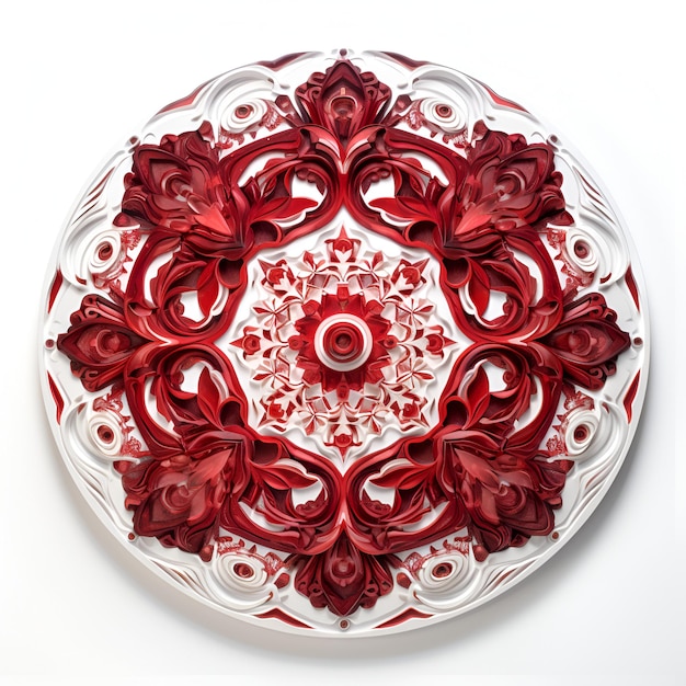 A white plate with red flowers and a red circle on it.