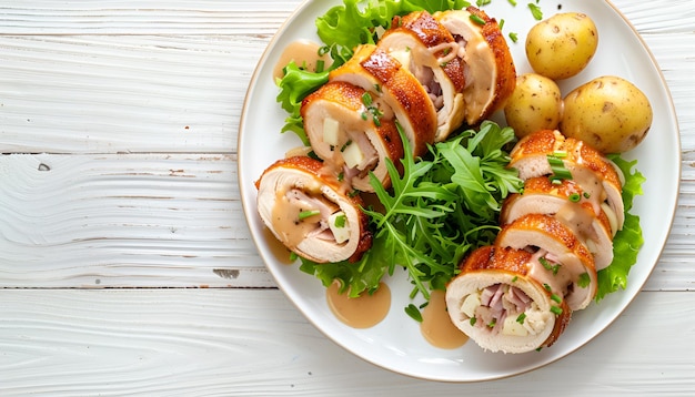 white plate with stuffed chicken roll slices stuffed with cheese and ham green leaves salad few baby potatoes and gravy sauce on white wooden background top view