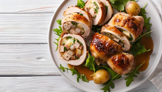 white plate with stuffed chicken roll slices stuffed with cheese and ham green leaves salad few baby potatoes and gravy sauce on white wooden background top view